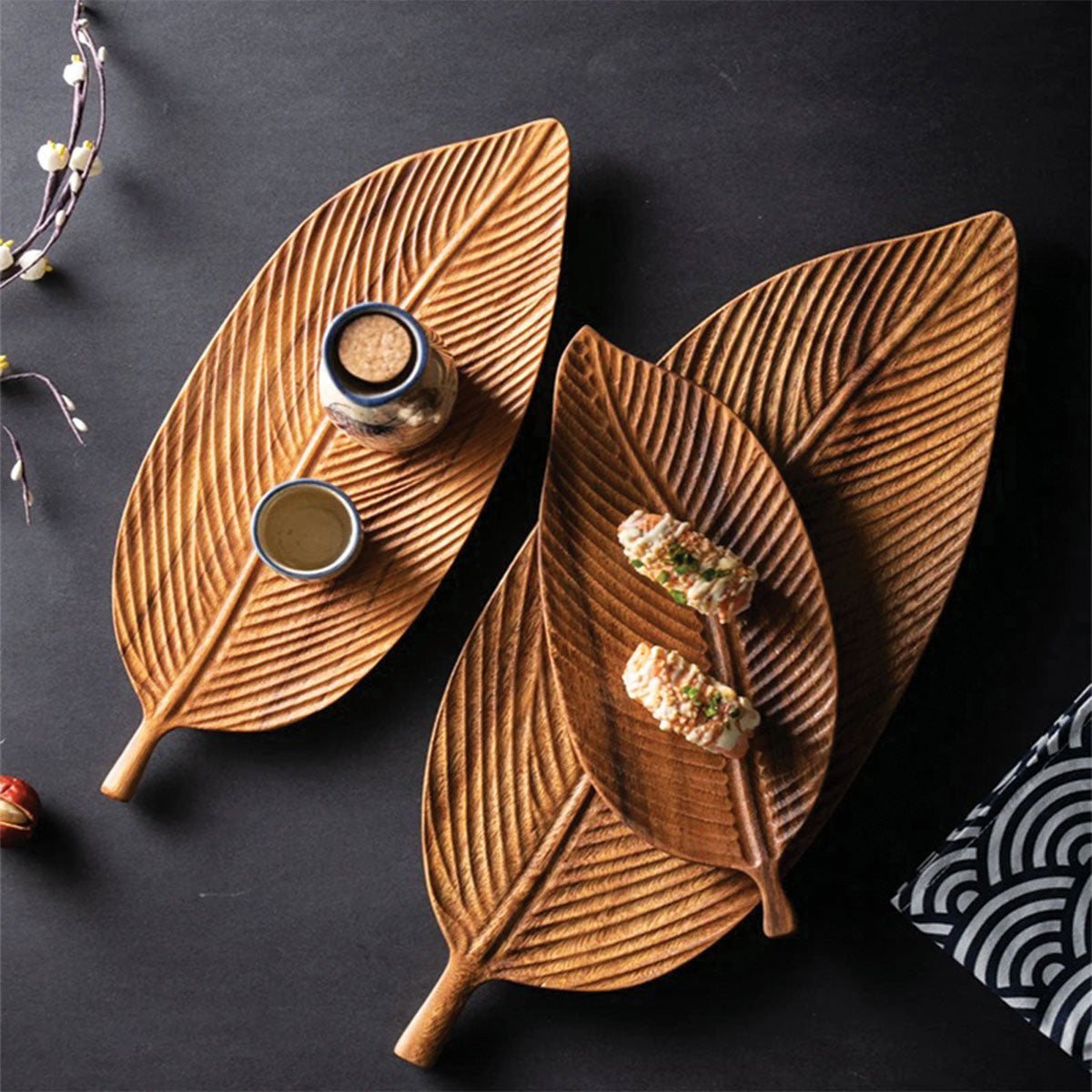 Dark Walnut Tray with Leaf Design | Elegant Wood Serving Tray