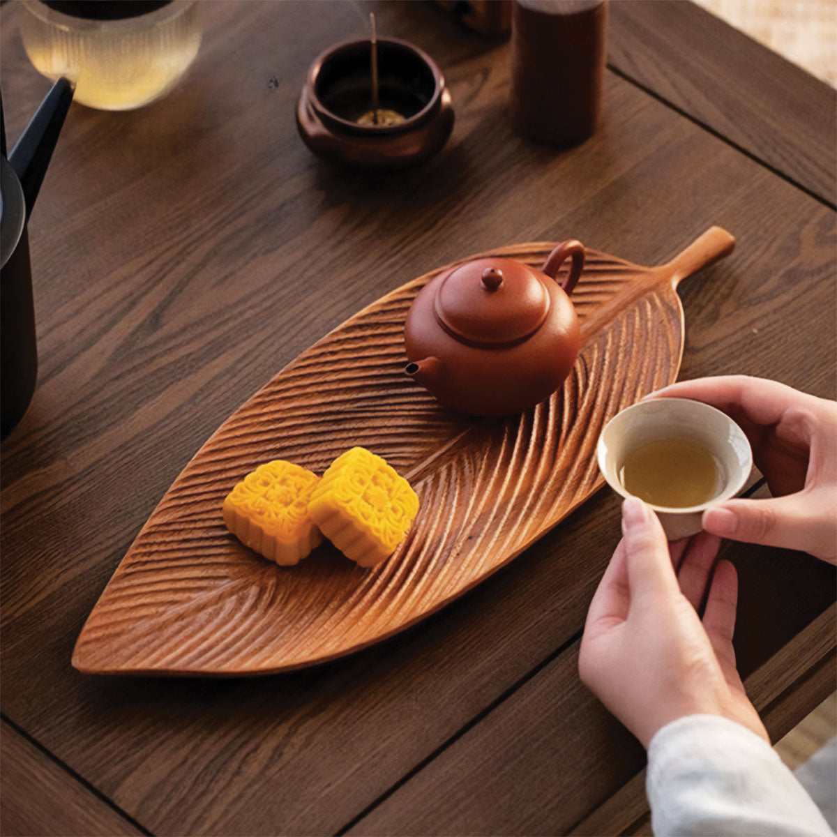 Dark Walnut Tray with Leaf Design | Elegant Wood Serving Tray