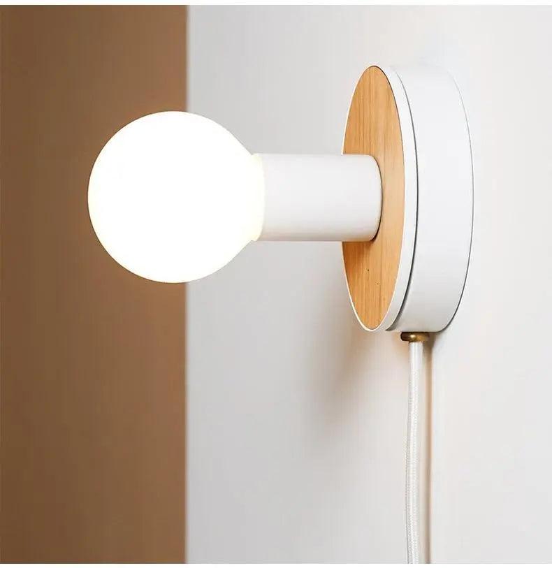 Wooden Plug-In Wall Light | Dimmable E27 Bulb, White Glass Shade