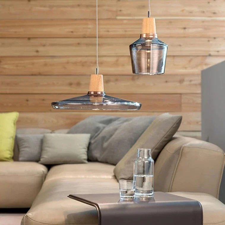 Modern Nordic Glass Pendant Lights | Clear & Amber with Wooden Base