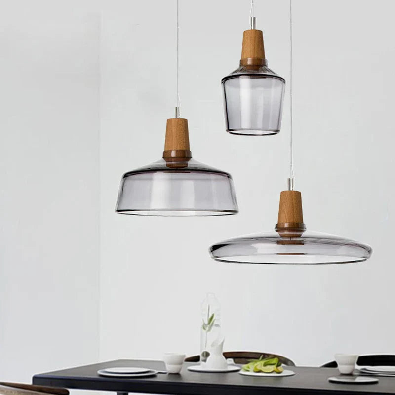 Modern Nordic Glass Pendant Lights | Clear & Amber with Wooden Base