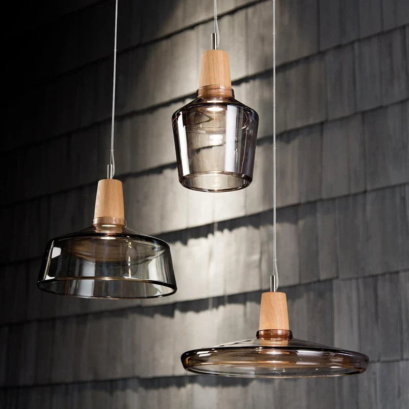 Modern Nordic Glass Pendant Lights | Clear & Amber with Wooden Base