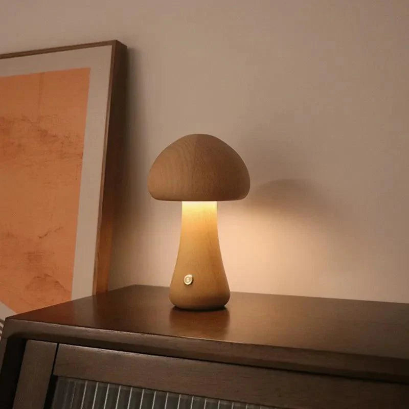 Mushglow Wireless Mushroom Table Lamp | Wood & Foam, Brightness Adjustment, USB, Rechargeable