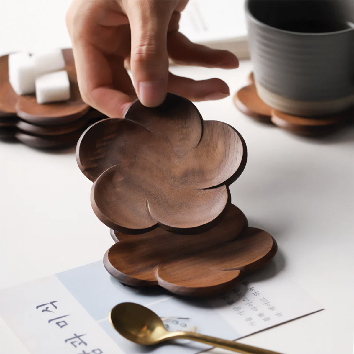 Walnut Bloom Coaster Set | Elegant Walnut Coasters for Stylish Tables