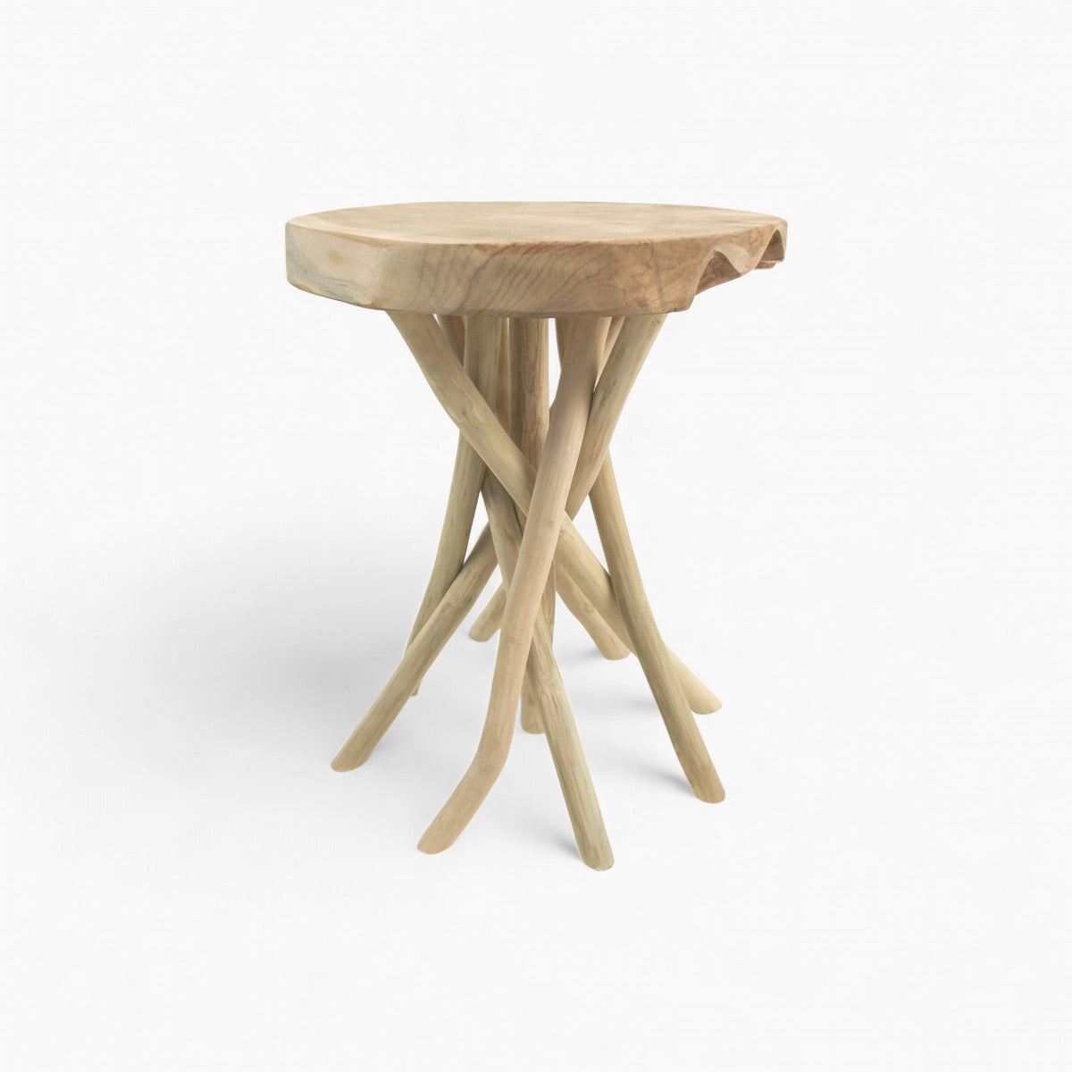 Branch accent stool - Natural twisted branch legs, solid wood seat