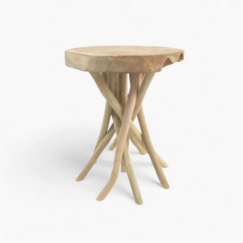 Branch accent stool - Natural twisted branch legs, solid wood seat