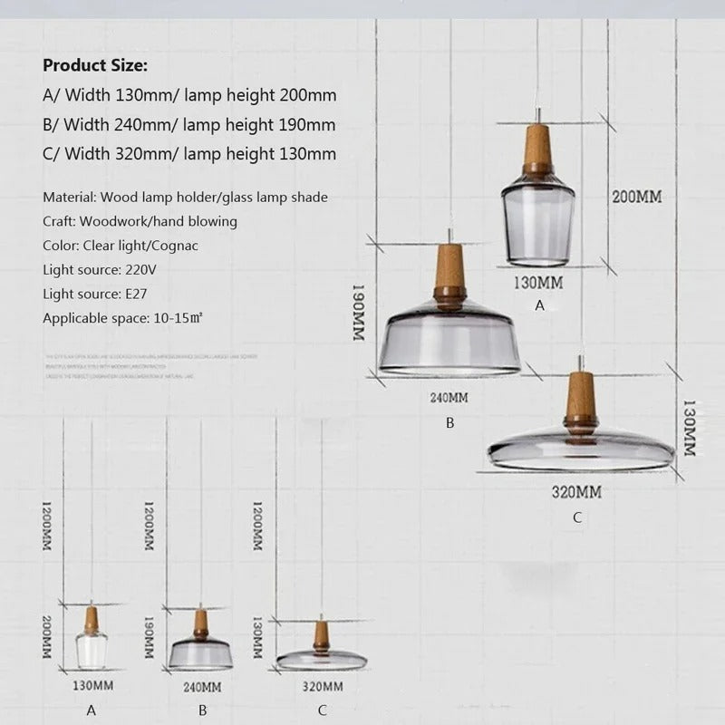 Modern Nordic Glass Pendant Lights | Clear & Amber with Wooden Base